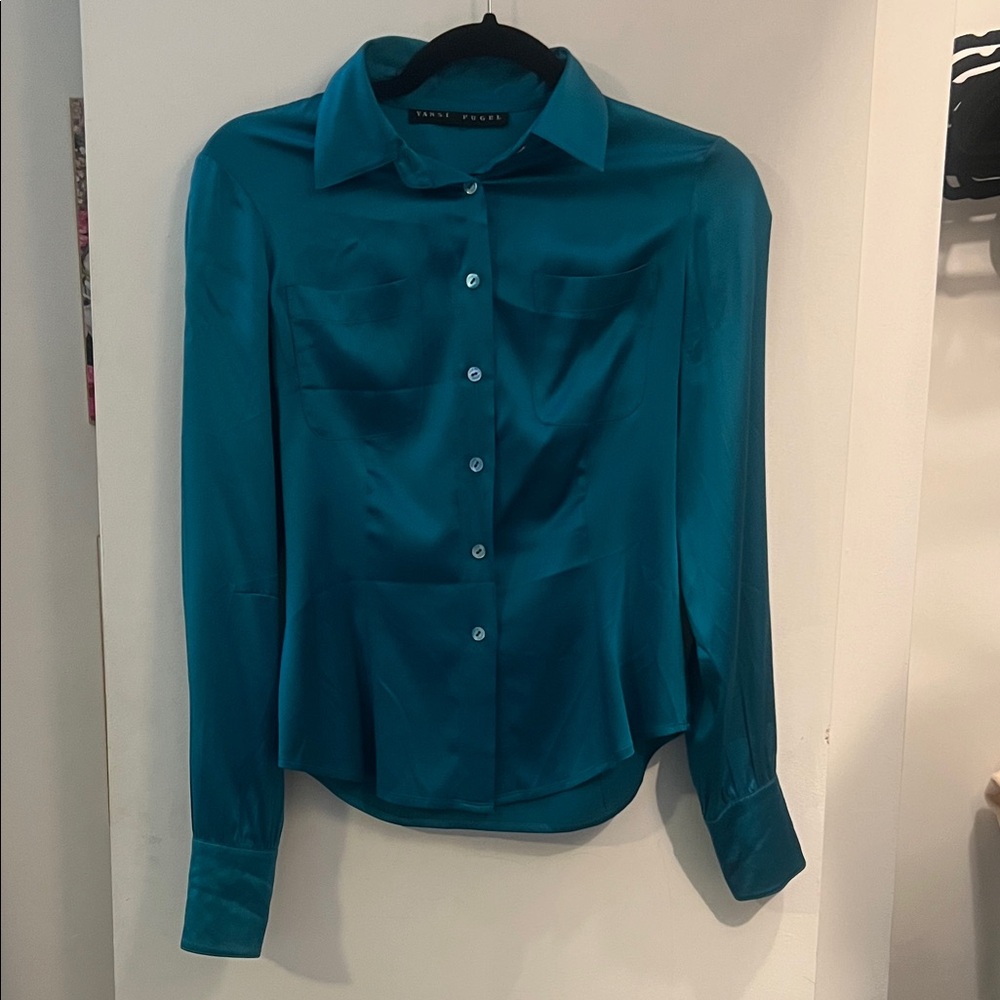 Turquoise Satin Button-Down Shirt